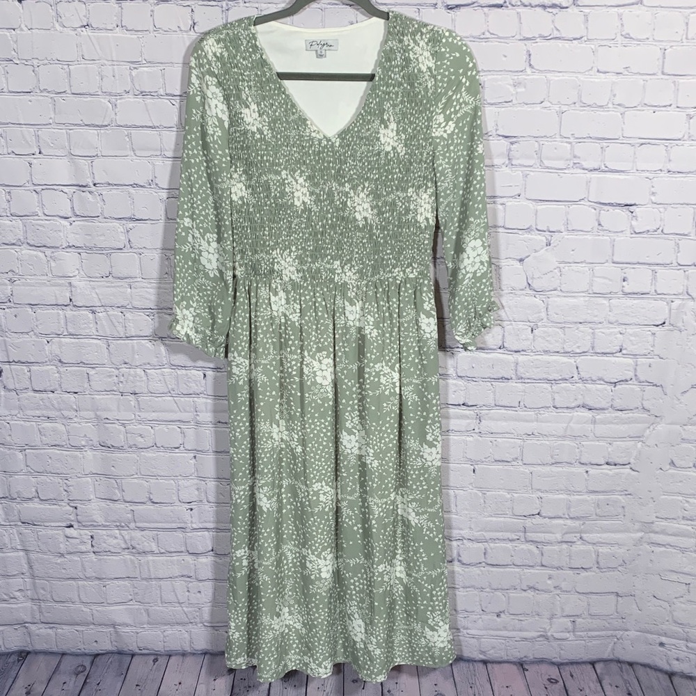 Polagram Midi Dress Floral Smocked Top Long Sleeve Green Size S Cottagecore